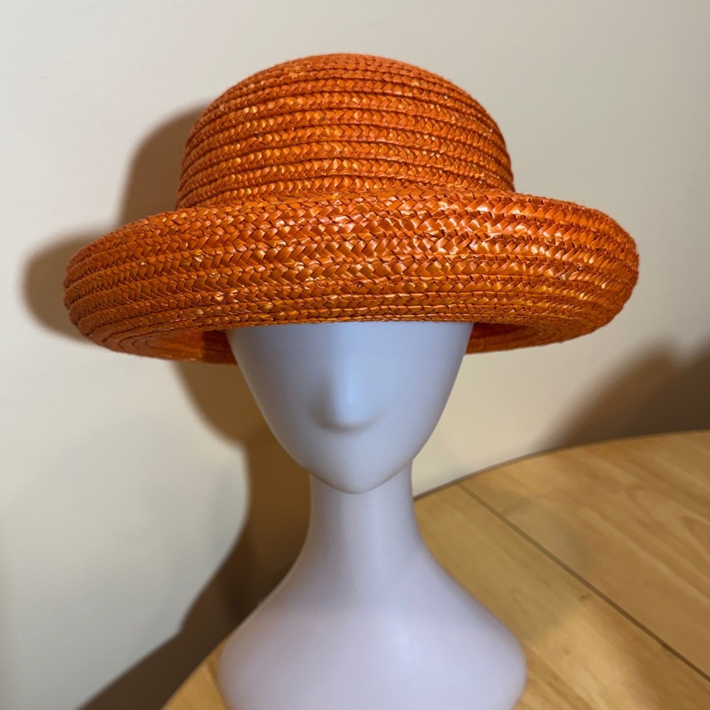 Arlin Orange 100% Straw Cloche Sun Hat Rounded Crown Rolled Brim Summer Beach